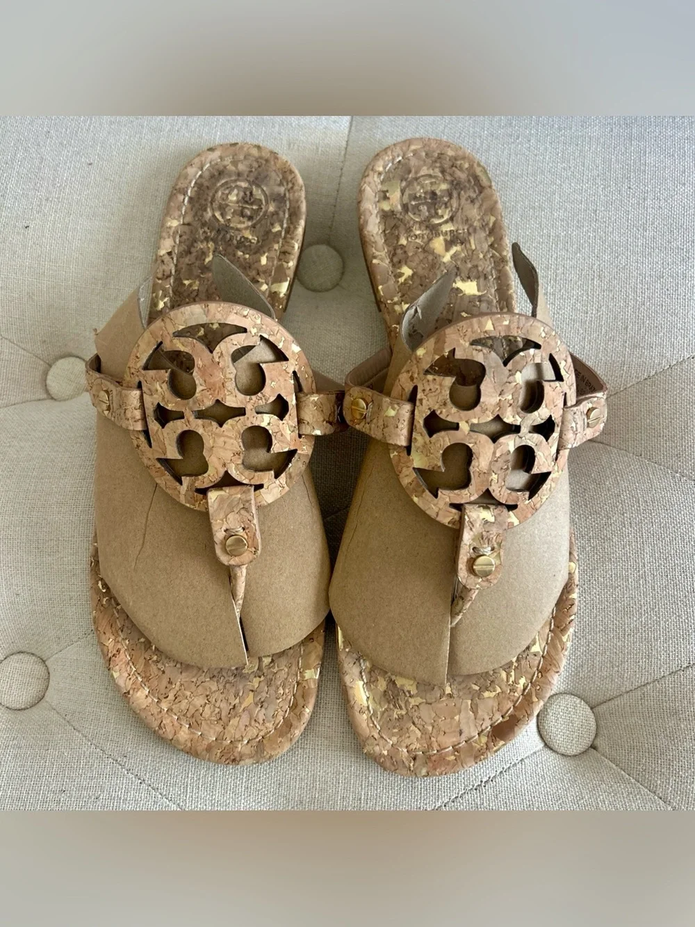 Tory Burch Cork Logo Thong Sandals in Natural Tan